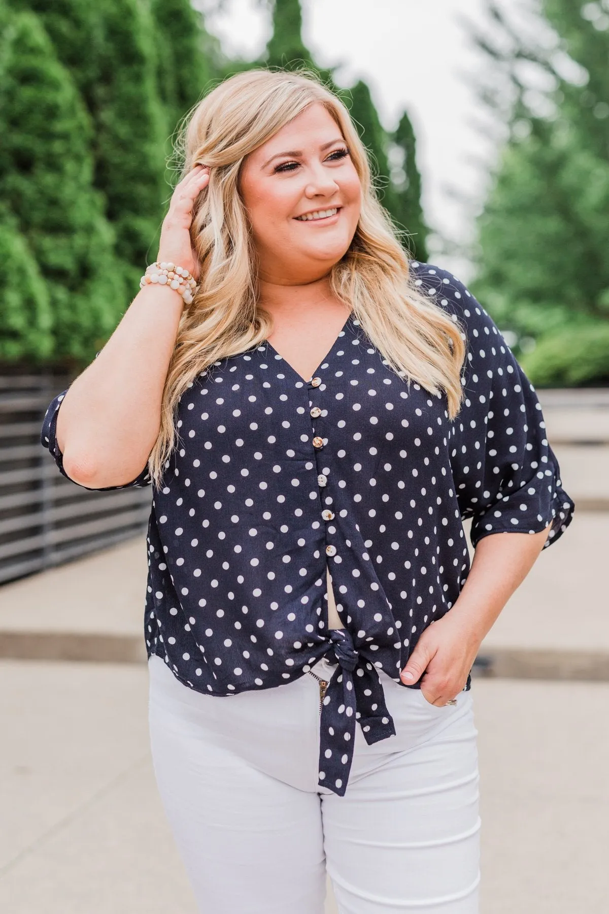 Endless Smiles Front Tie Polka Dot Top- Navy