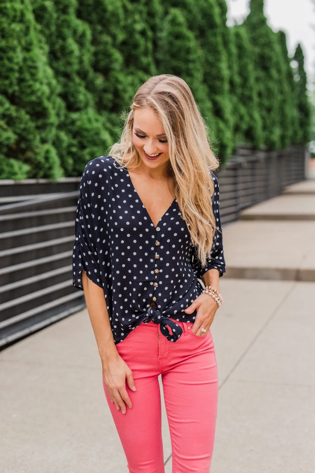 Endless Smiles Front Tie Polka Dot Top- Navy