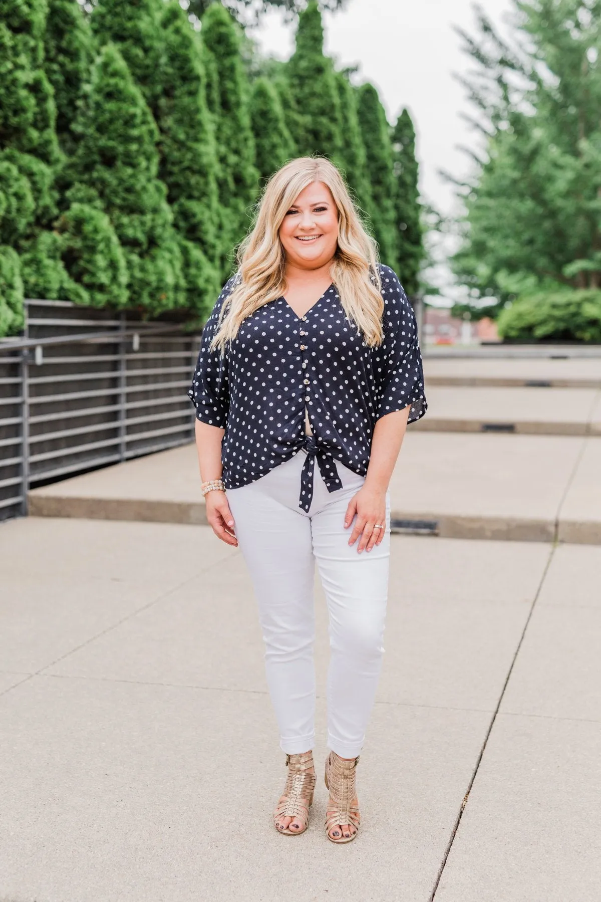Endless Smiles Front Tie Polka Dot Top- Navy