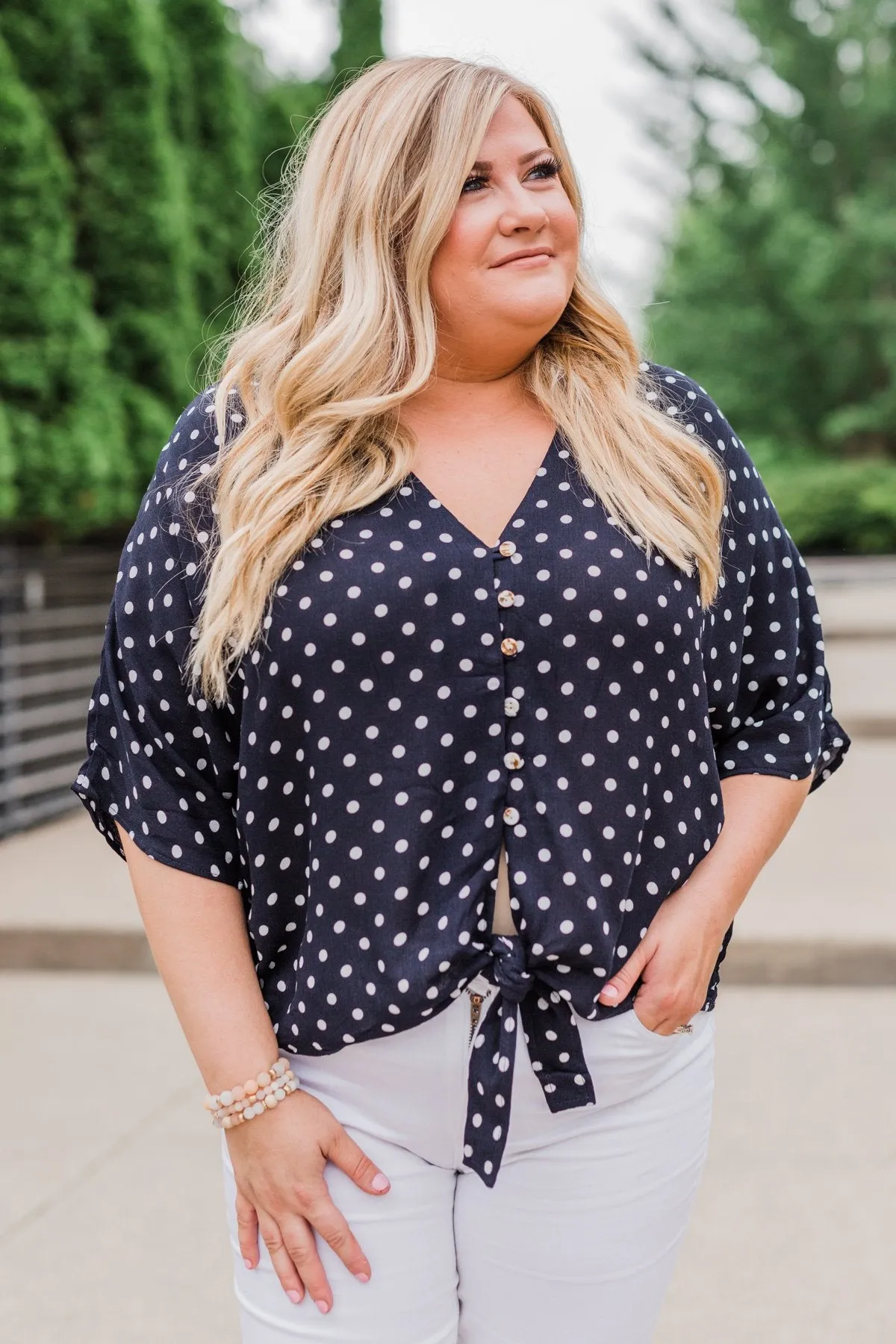 Endless Smiles Front Tie Polka Dot Top- Navy