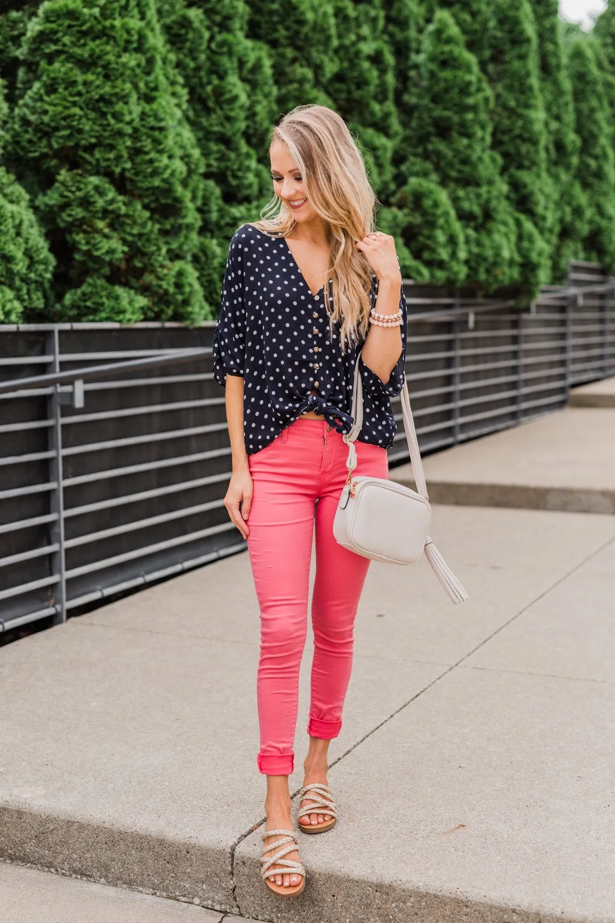 Endless Smiles Front Tie Polka Dot Top- Navy