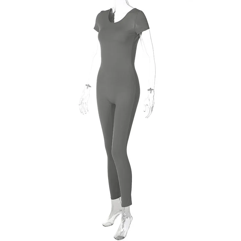 European And American-Style2023Summer Women's Clothing New Solid Color Short Sleeve Backless Slim Fit Hip Lifting Sport Fitness Jumpsuit Women Wholesale