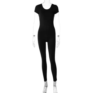 European And American-Style2023Summer Women's Clothing New Solid Color Short Sleeve Backless Slim Fit Hip Lifting Sport Fitness Jumpsuit Women Wholesale