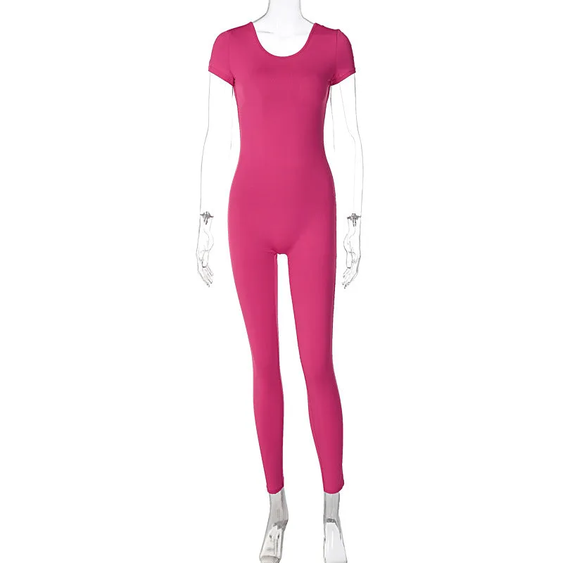 European And American-Style2023Summer Women's Clothing New Solid Color Short Sleeve Backless Slim Fit Hip Lifting Sport Fitness Jumpsuit Women Wholesale