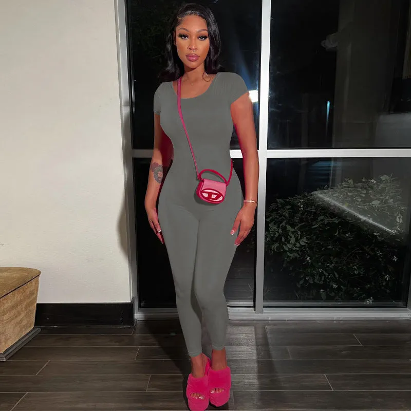 European And American-Style2023Summer Women's Clothing New Solid Color Short Sleeve Backless Slim Fit Hip Lifting Sport Fitness Jumpsuit Women Wholesale