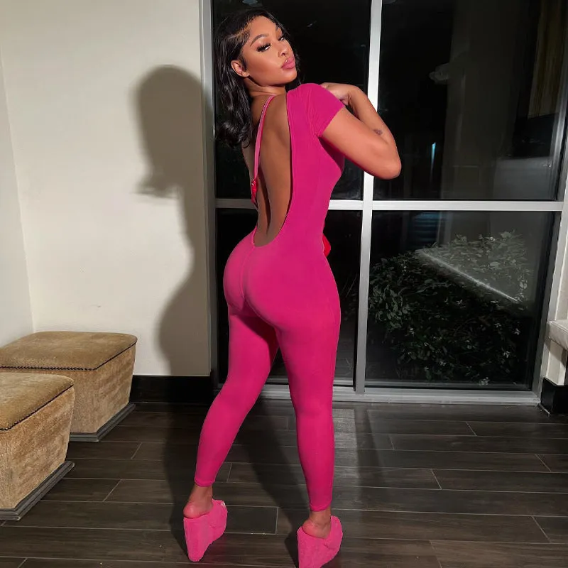 European And American-Style2023Summer Women's Clothing New Solid Color Short Sleeve Backless Slim Fit Hip Lifting Sport Fitness Jumpsuit Women Wholesale