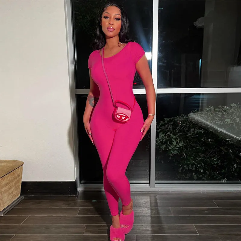 European And American-Style2023Summer Women's Clothing New Solid Color Short Sleeve Backless Slim Fit Hip Lifting Sport Fitness Jumpsuit Women Wholesale