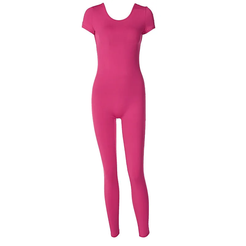 European And American-Style2023Summer Women's Clothing New Solid Color Short Sleeve Backless Slim Fit Hip Lifting Sport Fitness Jumpsuit Women Wholesale