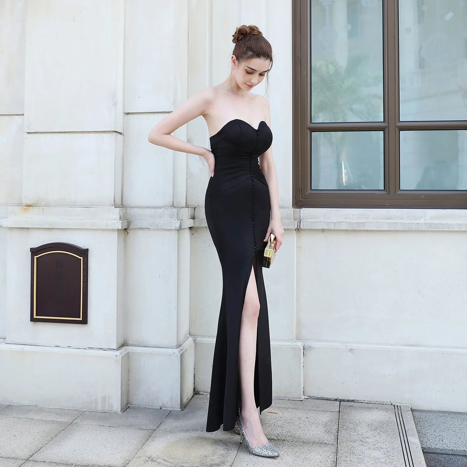 Evelyn strapless Stylish slit wrap dress