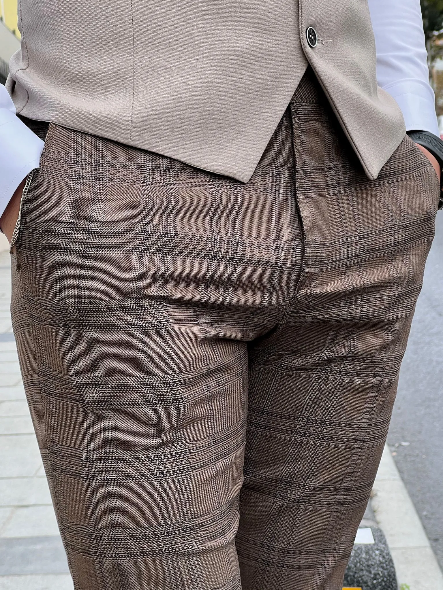 Fabio Brown Plaid Slim Fit Woolen Pants