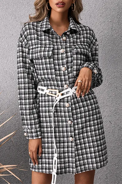 Fashion Casual Plaid Pocket Buckle Shirt Dress Dresses (Without Belt)