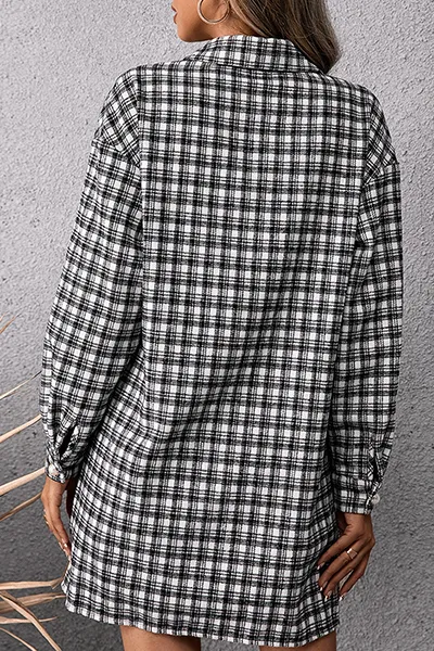 Fashion Casual Plaid Pocket Buckle Shirt Dress Dresses (Without Belt)