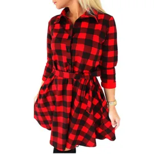Fashion Women Plaid Flannel Short Mini Dresses 3/4 Sleeve Shirt Dresses Belted Dresses