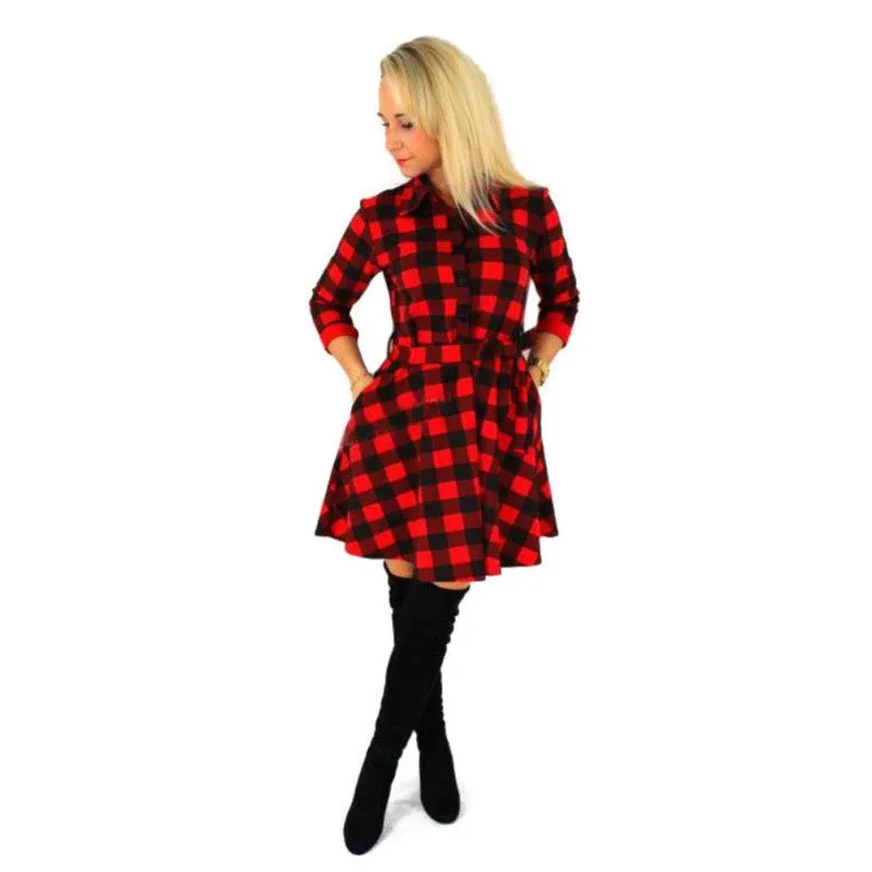 Fashion Women Plaid Flannel Short Mini Dresses 3/4 Sleeve Shirt Dresses Belted Dresses