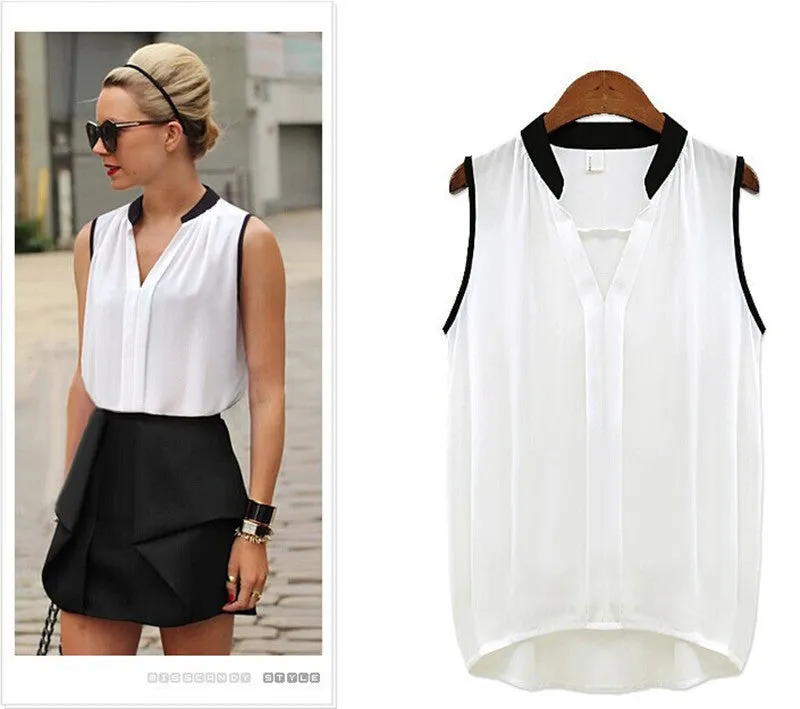 Fashion Women's V Neck Summer Chiffon Blouses Cute Sleeveless Blouse Shirts Casual Women Tops