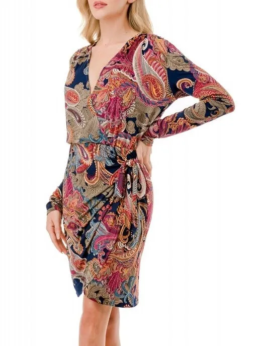 Faux Wrap Dress - Navy/Magenta