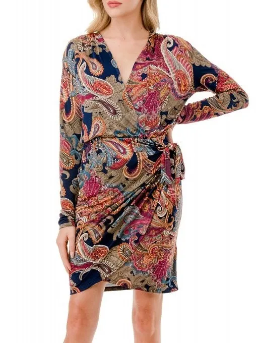 Faux Wrap Dress - Navy/Magenta