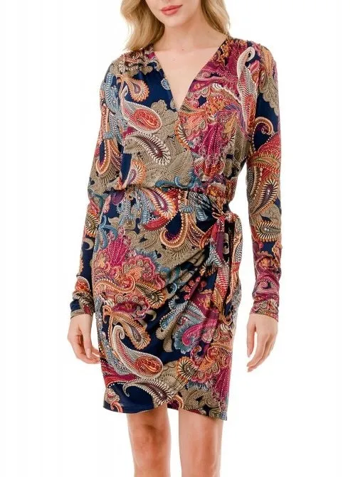 Faux Wrap Dress - Navy/Magenta