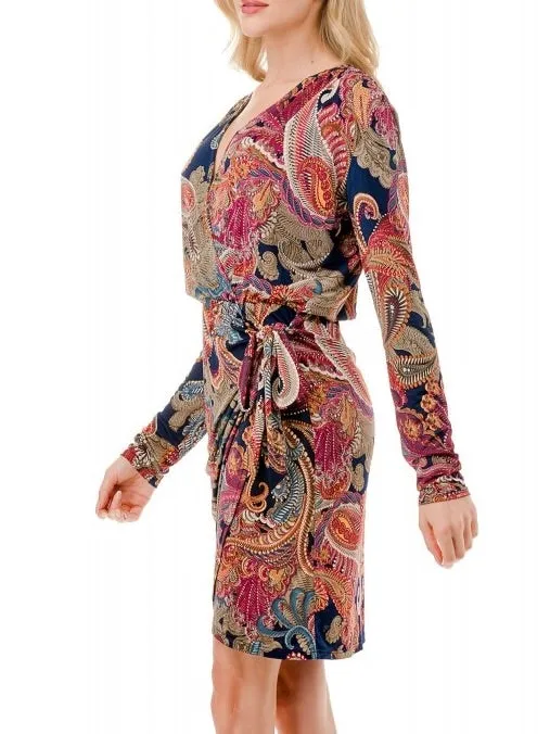 Faux Wrap Dress - Navy/Magenta