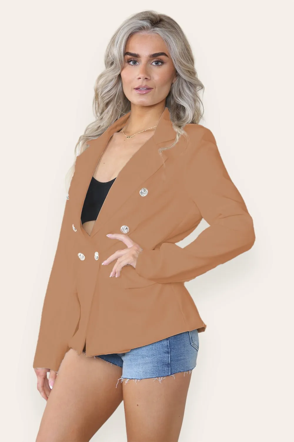 Fitted Lined Double Gold Button Collared Blazer Jacket