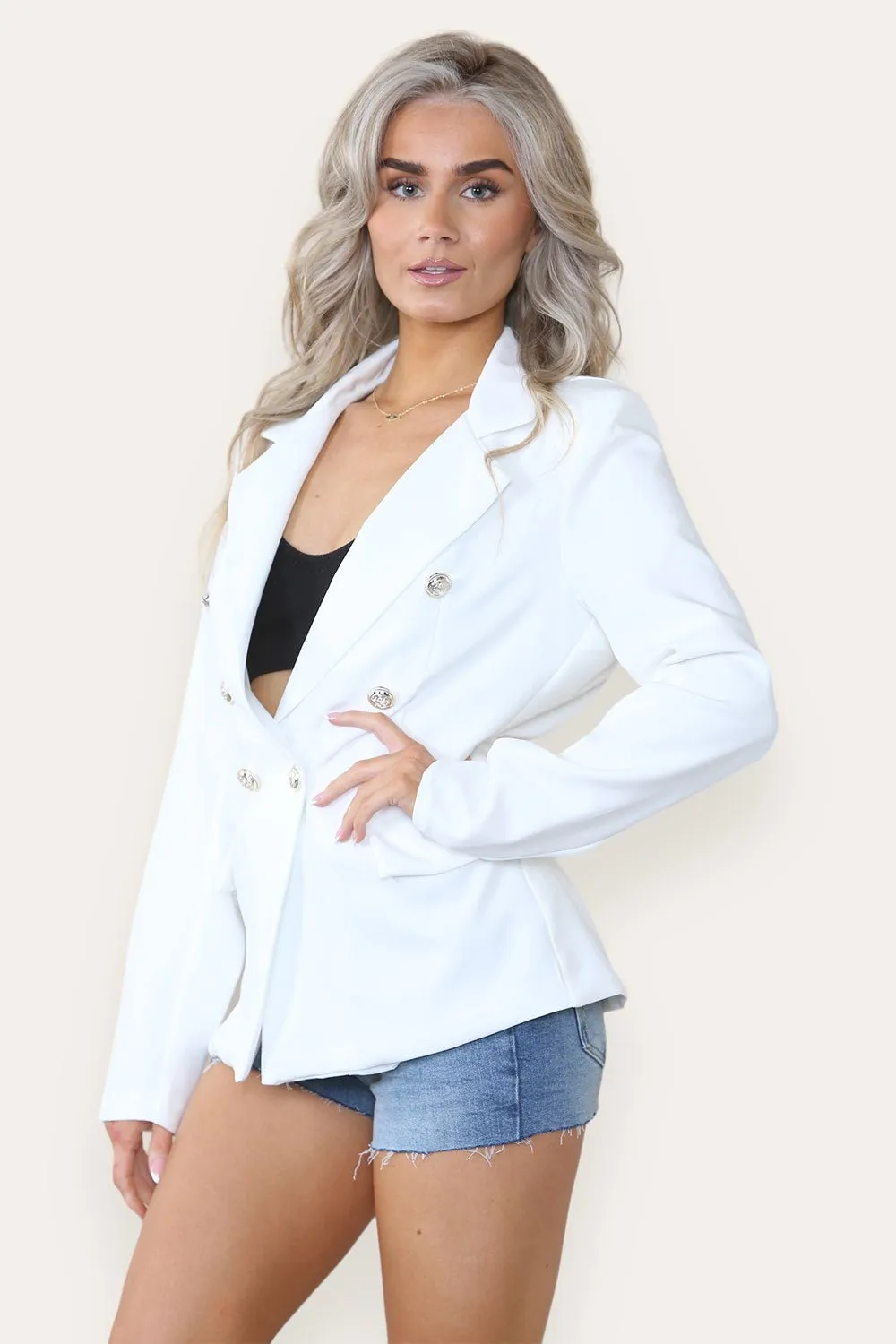 Fitted Lined Double Gold Button Collared Blazer Jacket