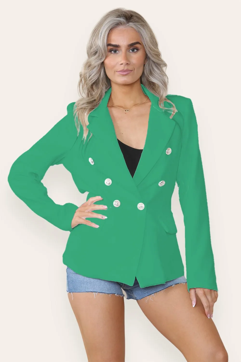 Fitted Lined Double Gold Button Collared Blazer Jacket
