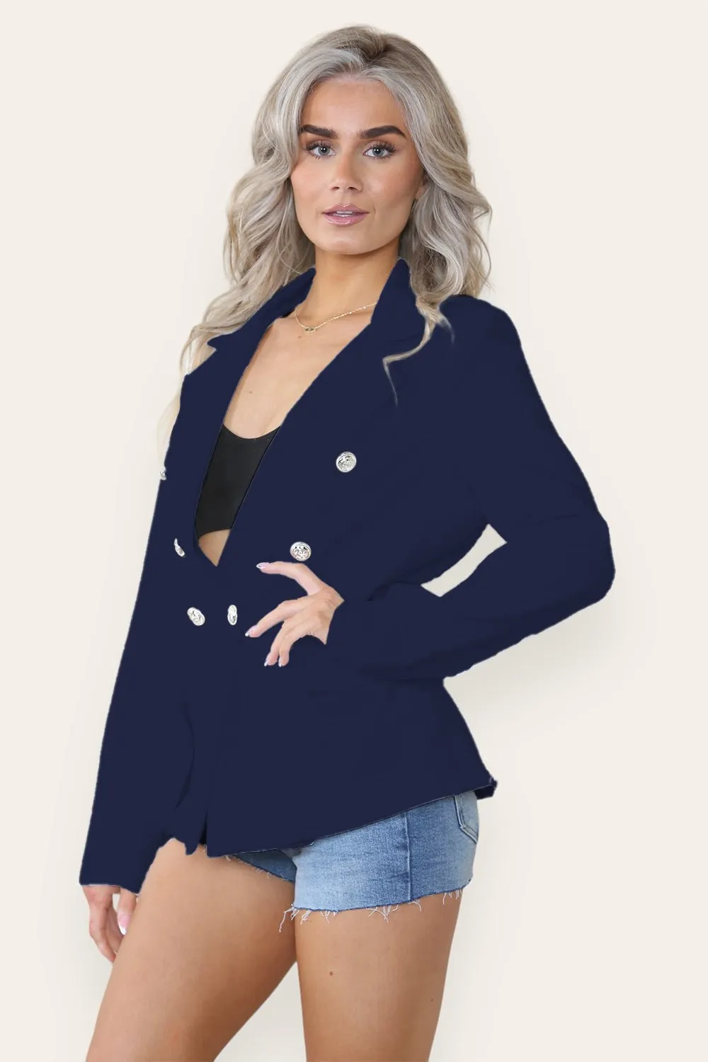 Fitted Lined Double Gold Button Collared Blazer Jacket