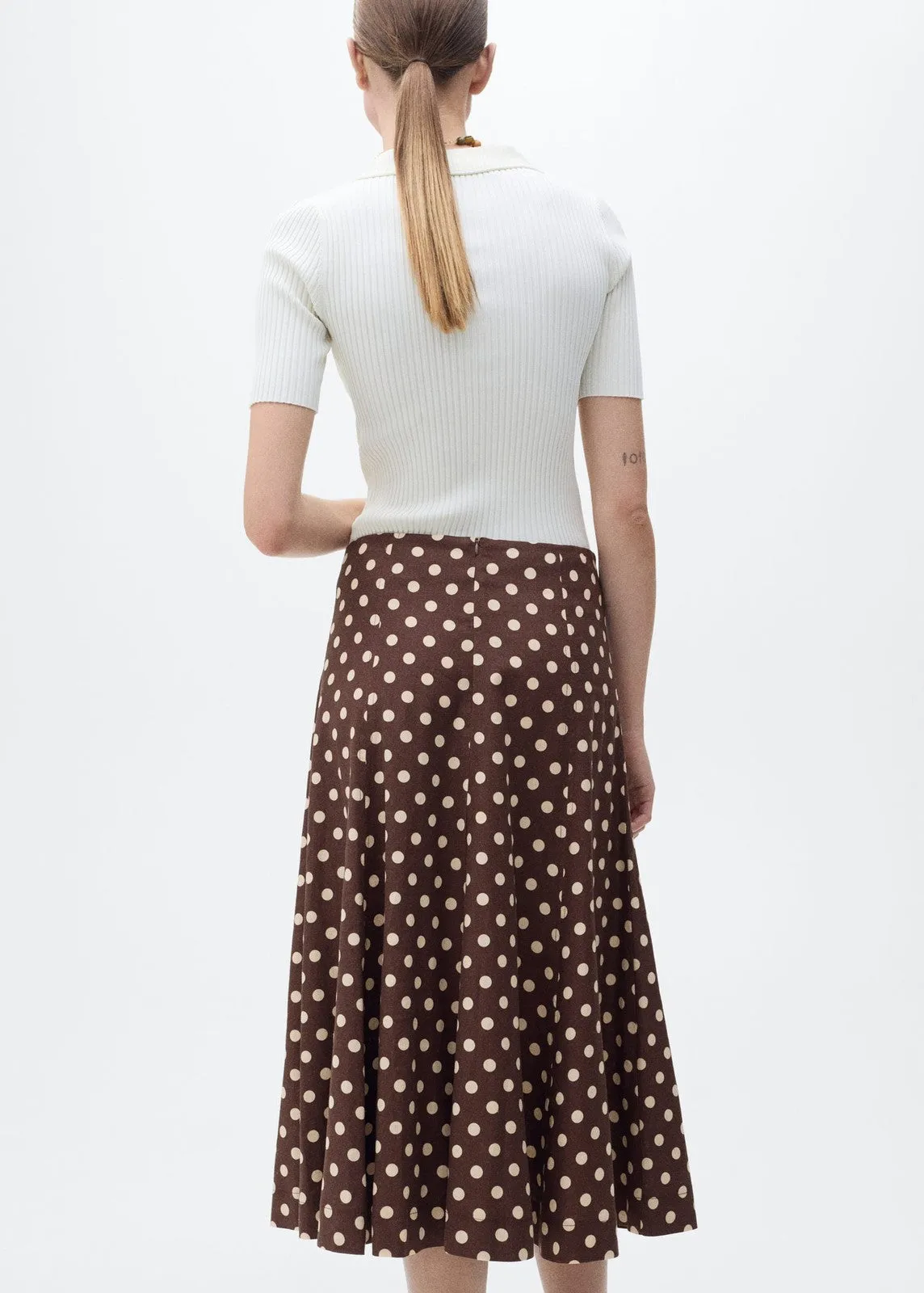 Flared linen skirt with polka dots - Dark Brown