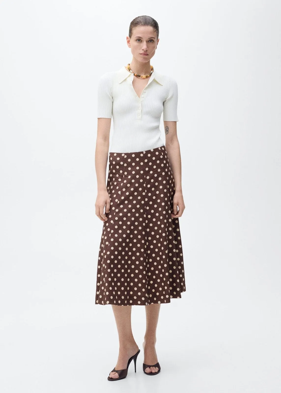 Flared linen skirt with polka dots - Dark Brown