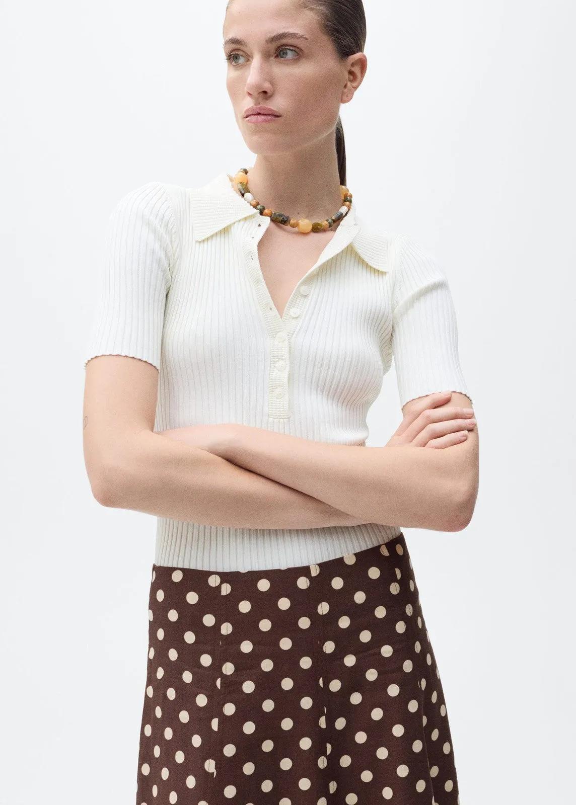 Flared linen skirt with polka dots - Dark Brown