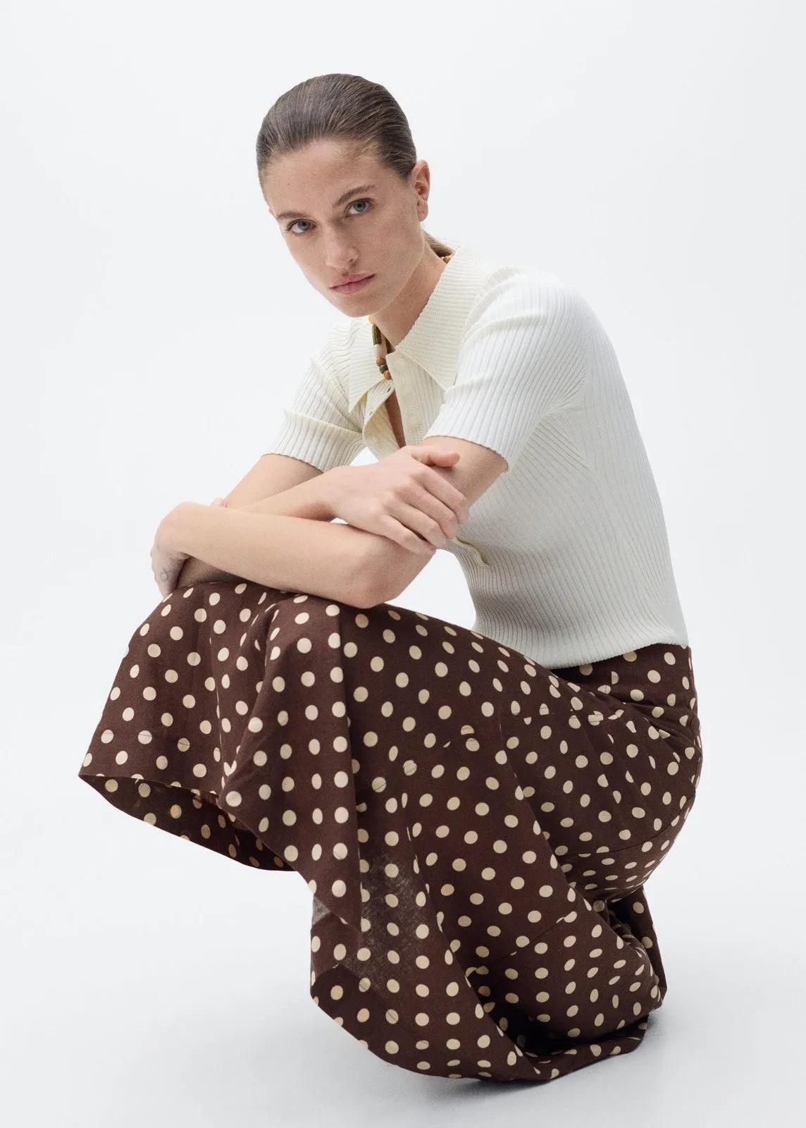 Flared linen skirt with polka dots - Dark Brown