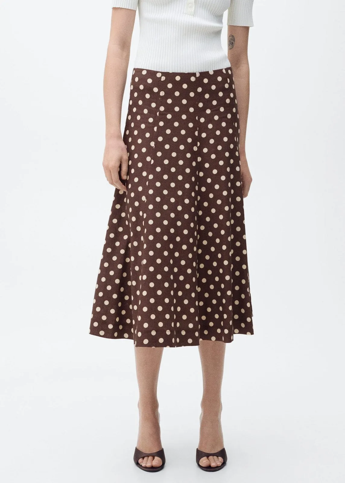 Flared linen skirt with polka dots - Dark Brown