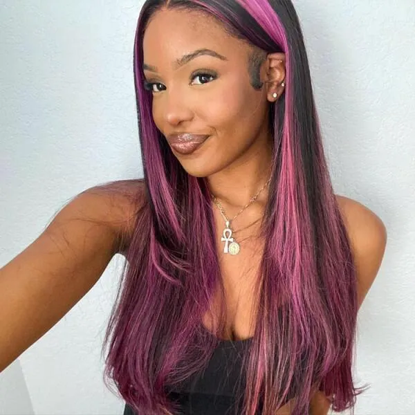 【Flash Sale】Straight Color Wigs with Red Purple Highlights - Transparent 13x4 Lace Free Part
