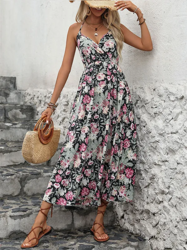 Floral Print Midi Dress with Spaghetti Straps and Wrap-Style Design