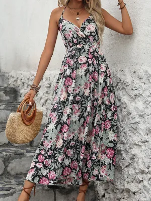 Floral Print Midi Dress with Spaghetti Straps and Wrap-Style Design
