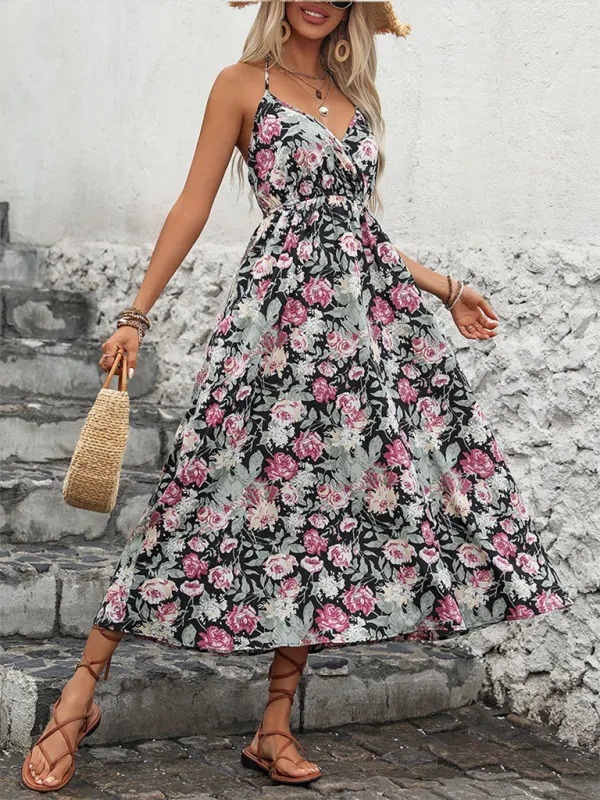 Floral Print Midi Dress with Spaghetti Straps and Wrap-Style Design