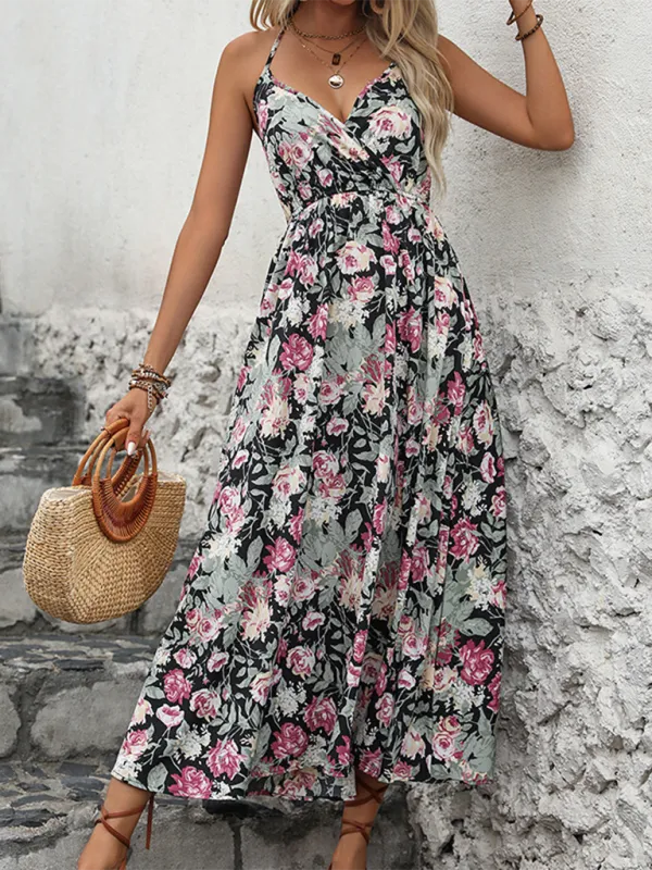 Floral Print Midi Dress with Spaghetti Straps and Wrap-Style Design