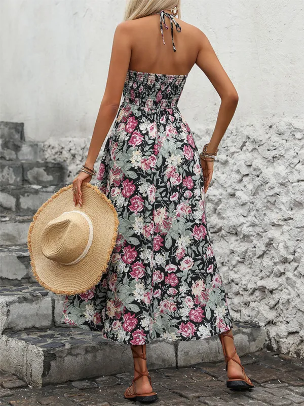 Floral Print Midi Dress with Spaghetti Straps and Wrap-Style Design