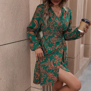 Floral Print V-Neck Wrap Dress with Long Sleeves
