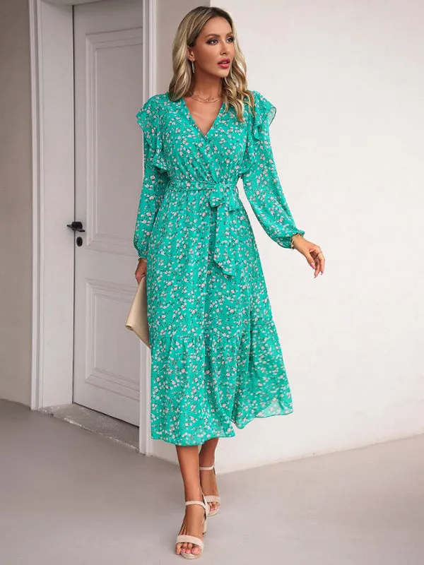 Floral V-neck Midi Dress with Ruffle Shoulders and Wrap Style