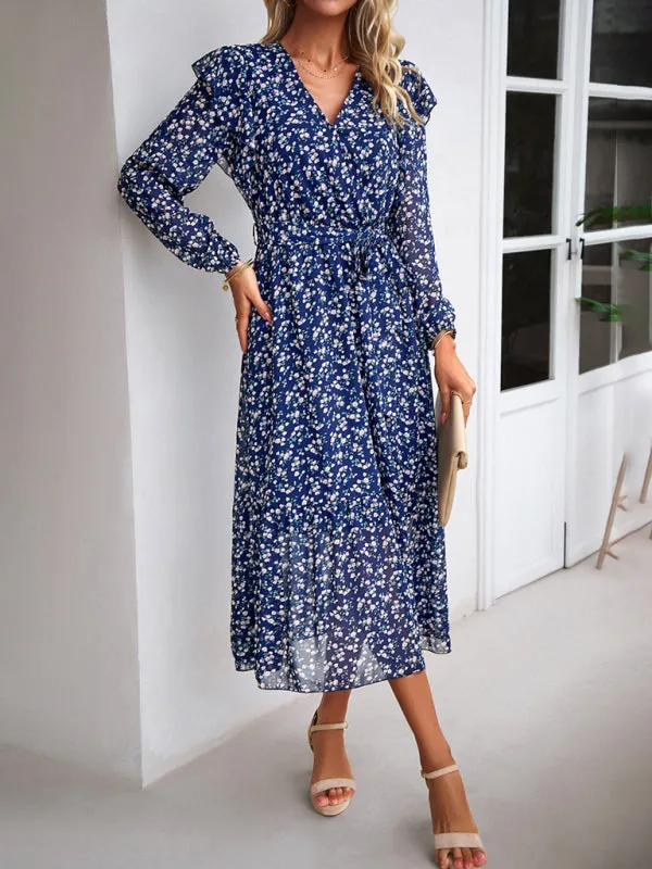 Floral V-neck Midi Dress with Ruffle Shoulders and Wrap Style