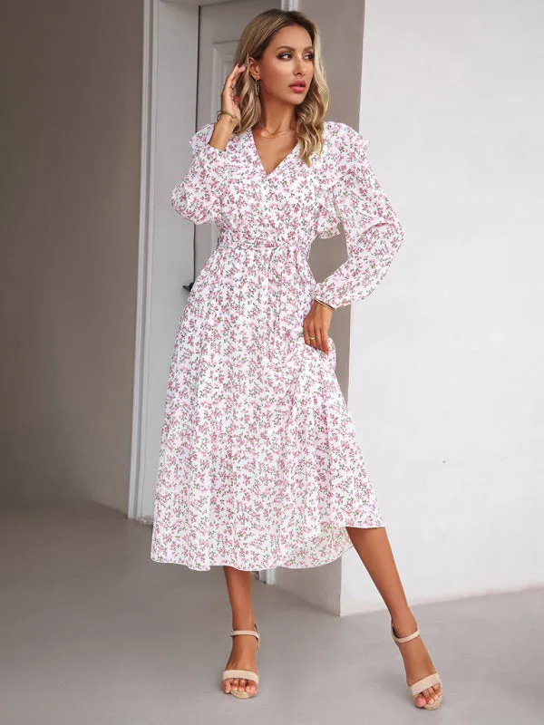 Floral V-neck Midi Dress with Ruffle Shoulders and Wrap Style