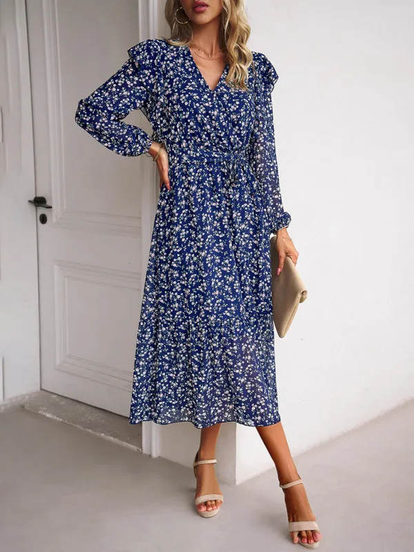 Floral V-neck Midi Dress with Ruffle Shoulders and Wrap Style