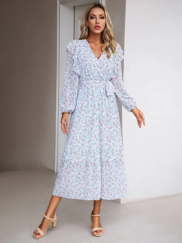 Floral V-neck Midi Dress with Ruffle Shoulders and Wrap Style