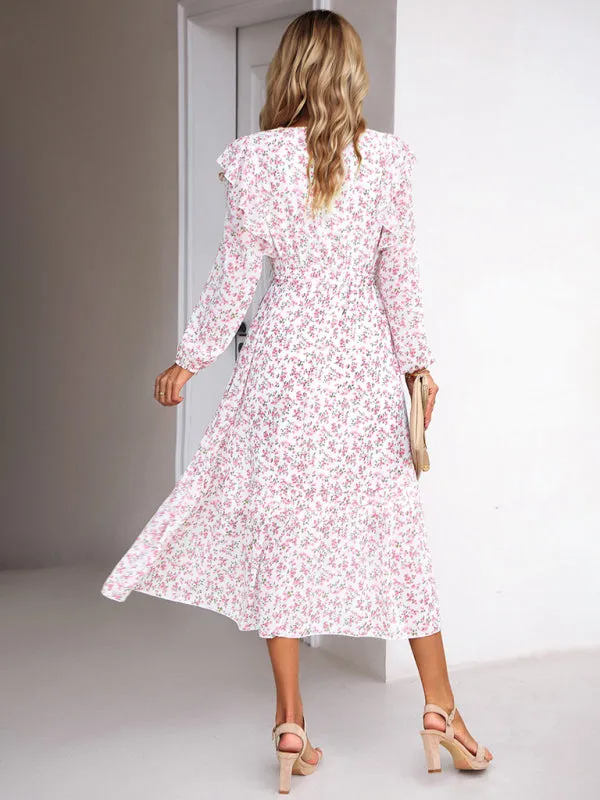 Floral V-neck Midi Dress with Ruffle Shoulders and Wrap Style