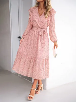 Floral V-neck Midi Dress with Ruffle Shoulders and Wrap Style