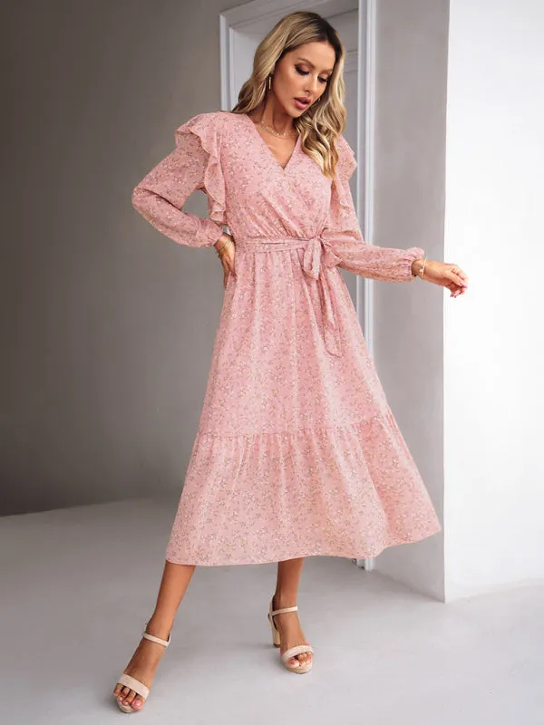 Floral V-neck Midi Dress with Ruffle Shoulders and Wrap Style