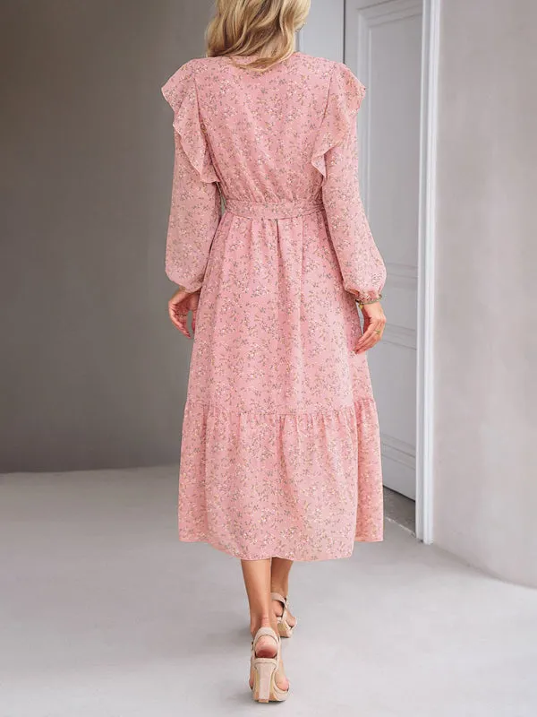 Floral V-neck Midi Dress with Ruffle Shoulders and Wrap Style