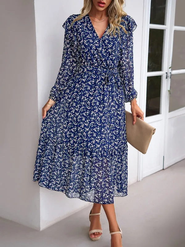 Floral V-neck Midi Dress with Ruffle Shoulders and Wrap Style