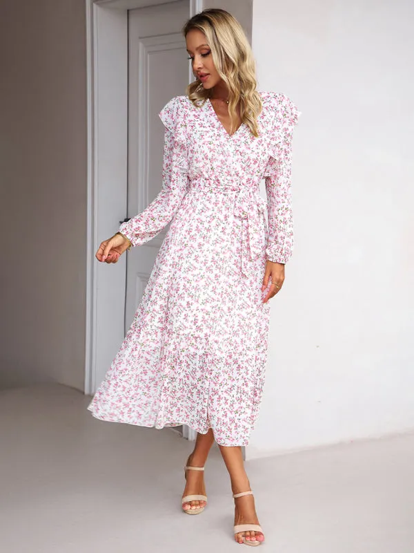 Floral V-neck Midi Dress with Ruffle Shoulders and Wrap Style